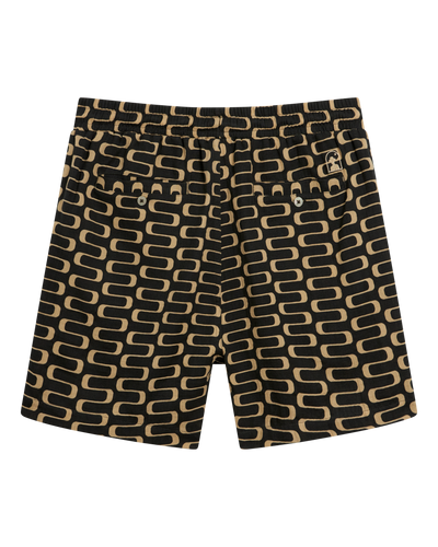 The Grenadine Shorts - Truffle by Dandy Del Mar are black men's casual shorts with an elastic waistband, tan geometric pattern, and two back pockets with button closures—offering comfort and versatility for any relaxed occasion.