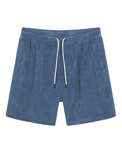 The Tropez Terry Cloth Shorts - Annapolis by Dandy Del Mar feature blue terry cloth, an elastic waistband, white drawstring, and side pockets—a Côte d'Azur-inspired lounge short perfect for relaxing in style. Shown flat on a white background.
