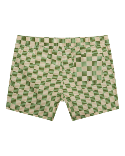 The Ventura Volley Shorts - Arbequina by Dandy Del Mar feature a green and white checkered design, elastic waistband, and back pocket, shown on a plain white background.