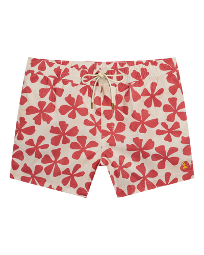 The Ventura Volley Shorts - Currant by Dandy Del Mar feature an elastic waistband, beige drawstring, and a bold red floral pattern—ideal men's swimwear for standout summer style.