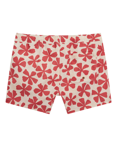 The Ventura Volley Shorts - Currant by Dandy Del Mar feature an elastic waistband, red floral pattern, and a back pocket—ideal for stylish men's swimwear.