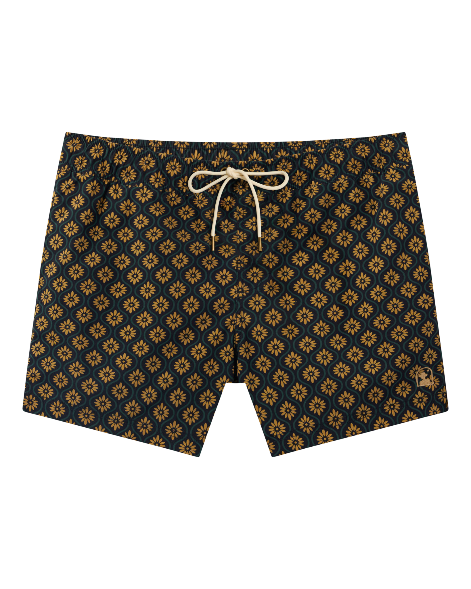 The Ventura Volley Shorts by Dandy Del Mar feature a navy blue base with yellow floral geometric patterns and a white drawstring on the elastic waist, showcased against a plain white background.