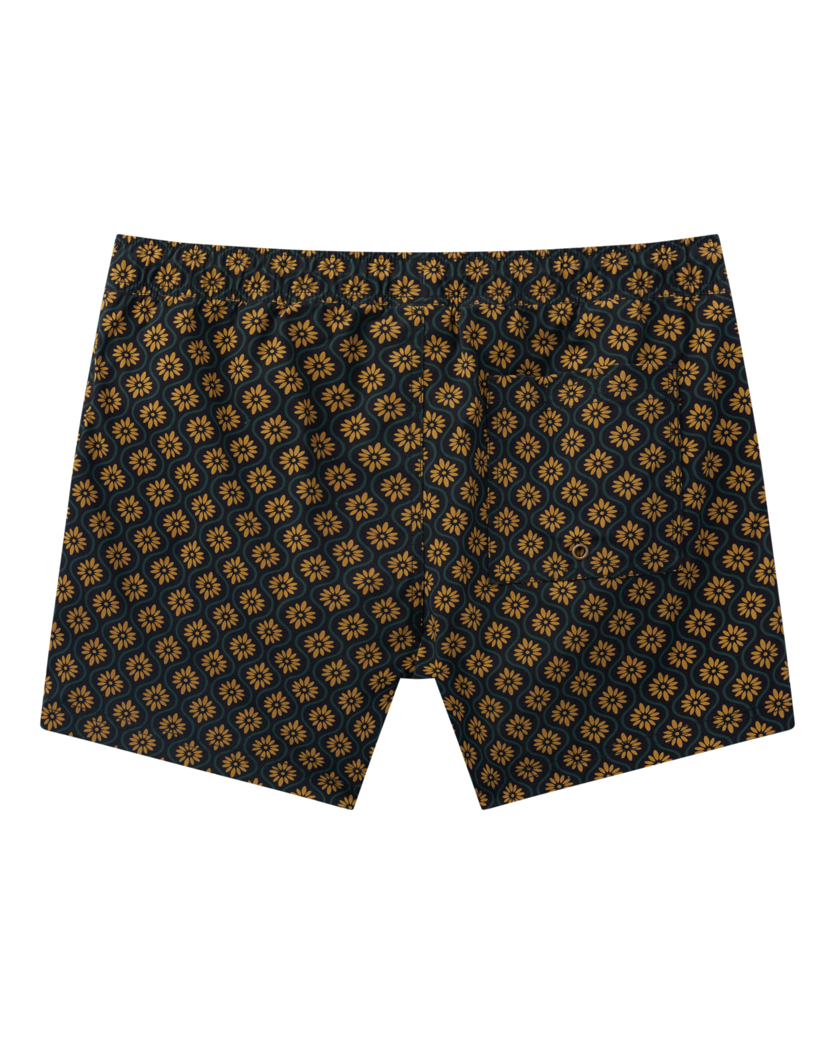The Ventura Volley Shorts in Oro Gardenia Print by Dandy Del Mar feature a yellow floral geometric design and elastic waist—perfect for stylish men's swimwear, displayed against a white background.