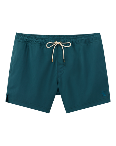The Ventura Volley Shorts - Acqua by Dandy Del Mar for men feature a drawstring waist with gold-tipped ties and a small embroidered logo on the lower left leg, shown against a plain white background.