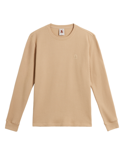 The Cannes LS Waffle Knit Shirt in Truffle by Dandy Del Mar, featuring a ribbed crew neck, is laid flat on a white background.