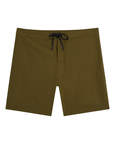 The Cavoli Swim Shorts - Berdea by Dandy Del Mar: olive green men’s 4-way stretch boardshorts with black drawstring, made from performance fabric, shown flat on a white background.