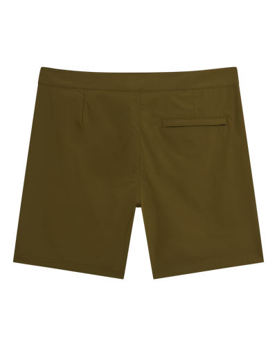 Back view of The Cavoli Swim Shorts - Berdea by Dandy Del Mar in olive green, featuring a right-side back pocket and crafted from performance fabric, displayed on a white background.