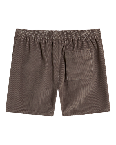 The Corsica Corduroy Shorts - Argento by Dandy Del Mar: men's brown corduroy shorts with an elastic waistband and single back patch pocket, shown flat on white—ideal for relaxed days.