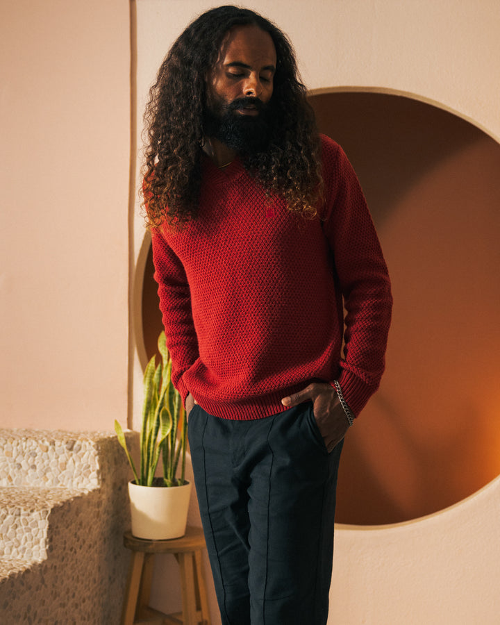 A person with long curly hair and a beard, wearing "The Algiers Knit Sweater - Fuego" by Dandy Del Mar and dark pants, stands near a plant against a white textured surface with a circular wall design in the background.