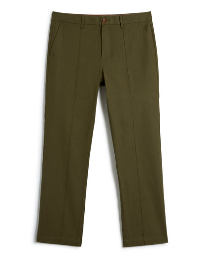 A pair of The Brisa Linen Trouser - Berdea by Dandy Del Mar, featuring front pleats, side pockets, and a button closure at the waist in olive green.