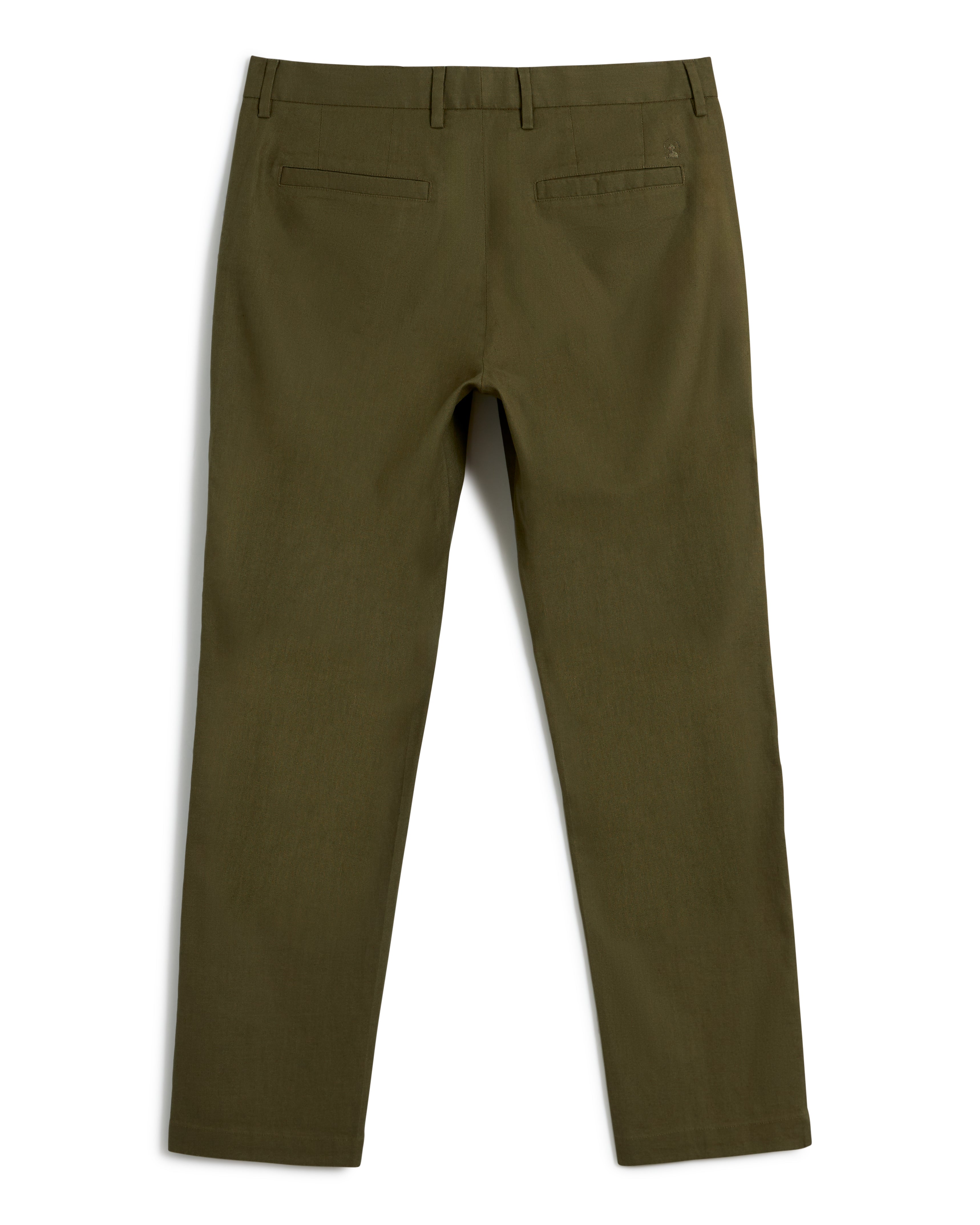 The Brisa Linen Trouser in Berdea by Dandy Del Mar, showcasing an olive-green shade, flat-front design from the back with two back pockets and belt loops.