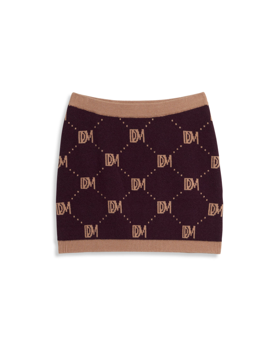 The Canela Skirt - Amethyst by Dandy Del Mar is a sweater knit mini skirt with a stylish monogram pattern in dark brown, featuring the letters "DM" and beige borders on the waist and hem.