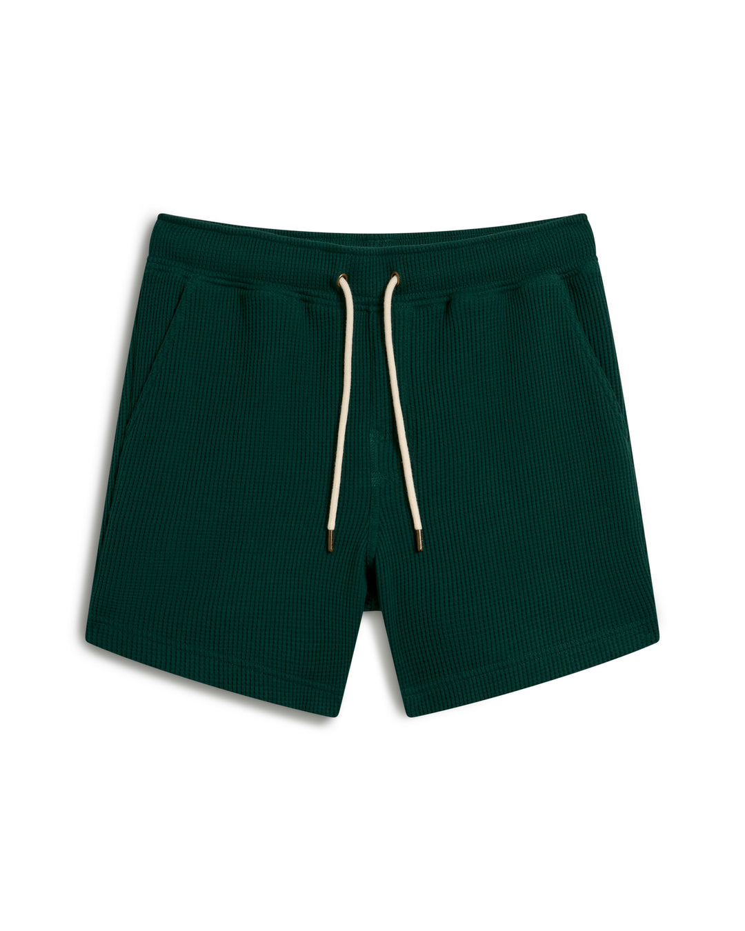 The Cannes Waffle Knit Shorts - Albero by Dandy Del Mar, featuring a dark green color, drawstring waistband, and side pockets, displayed on a white background.