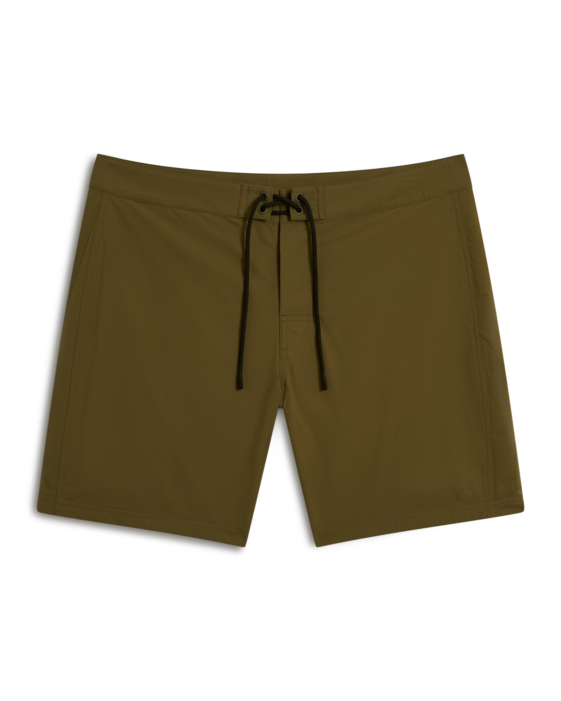 Olive-colored "The Cavoli Swim Short - Berdea" by Dandy Del Mar features a black drawstring and is crafted from performance fabric for ultimate comfort, showcased on a white background.