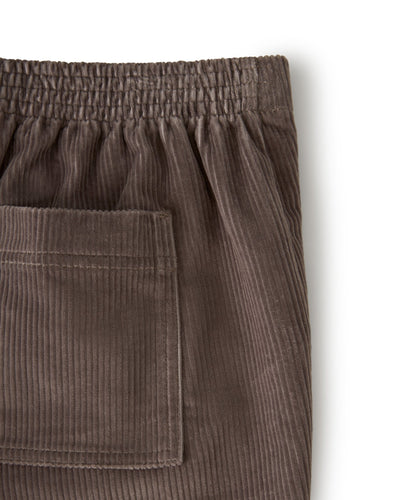 Close-up of the upper section of Dandy Del Mar’s The Corsica Corduroy Shorts in Argento, featuring an elastic waistband and a rectangular back pocket, displayed on a white background.