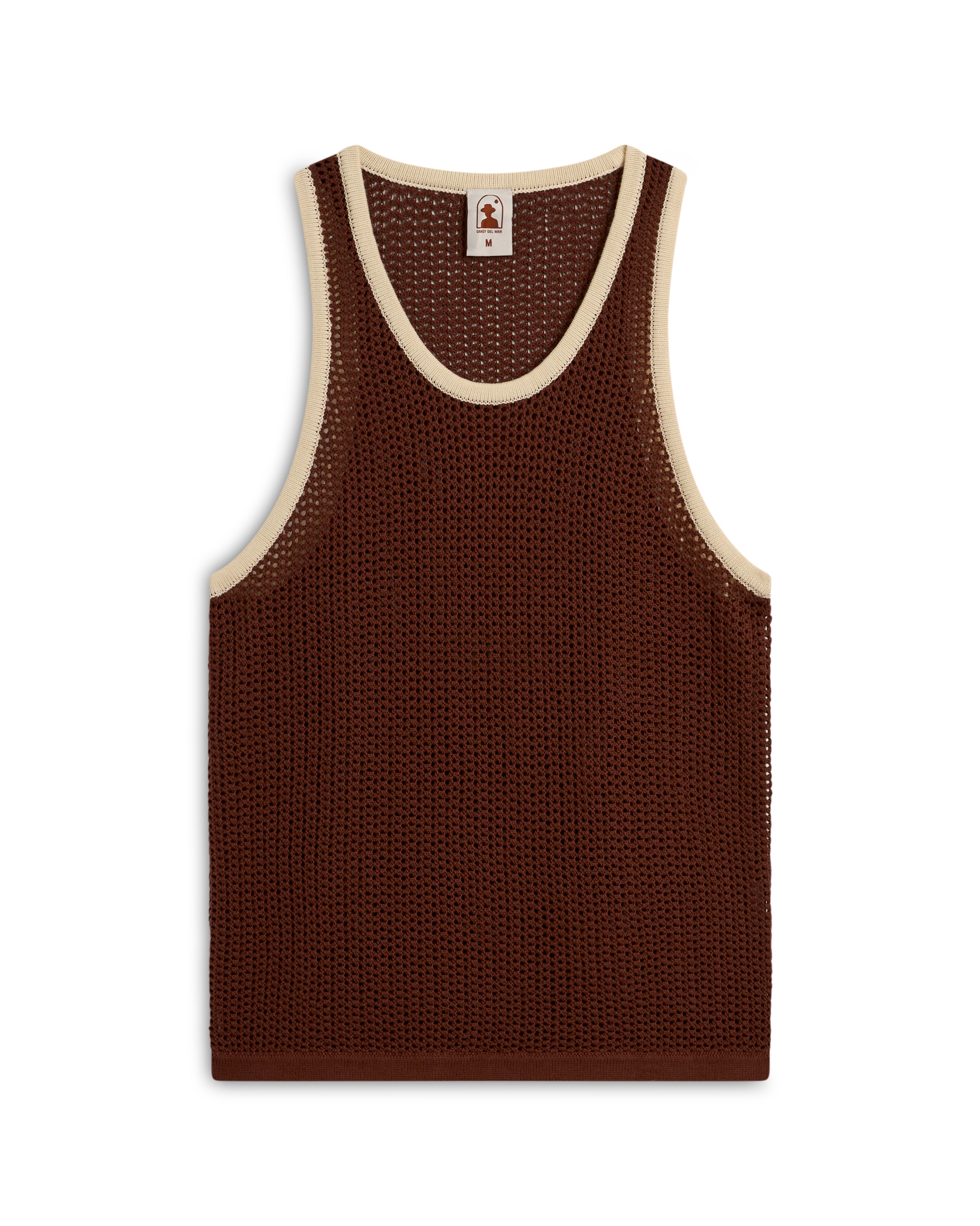 The Dominica Crochet Tank by Dandy Del Mar is a lightweight brown mesh tank top with cream trim and a relaxed fit, set against a plain white background.