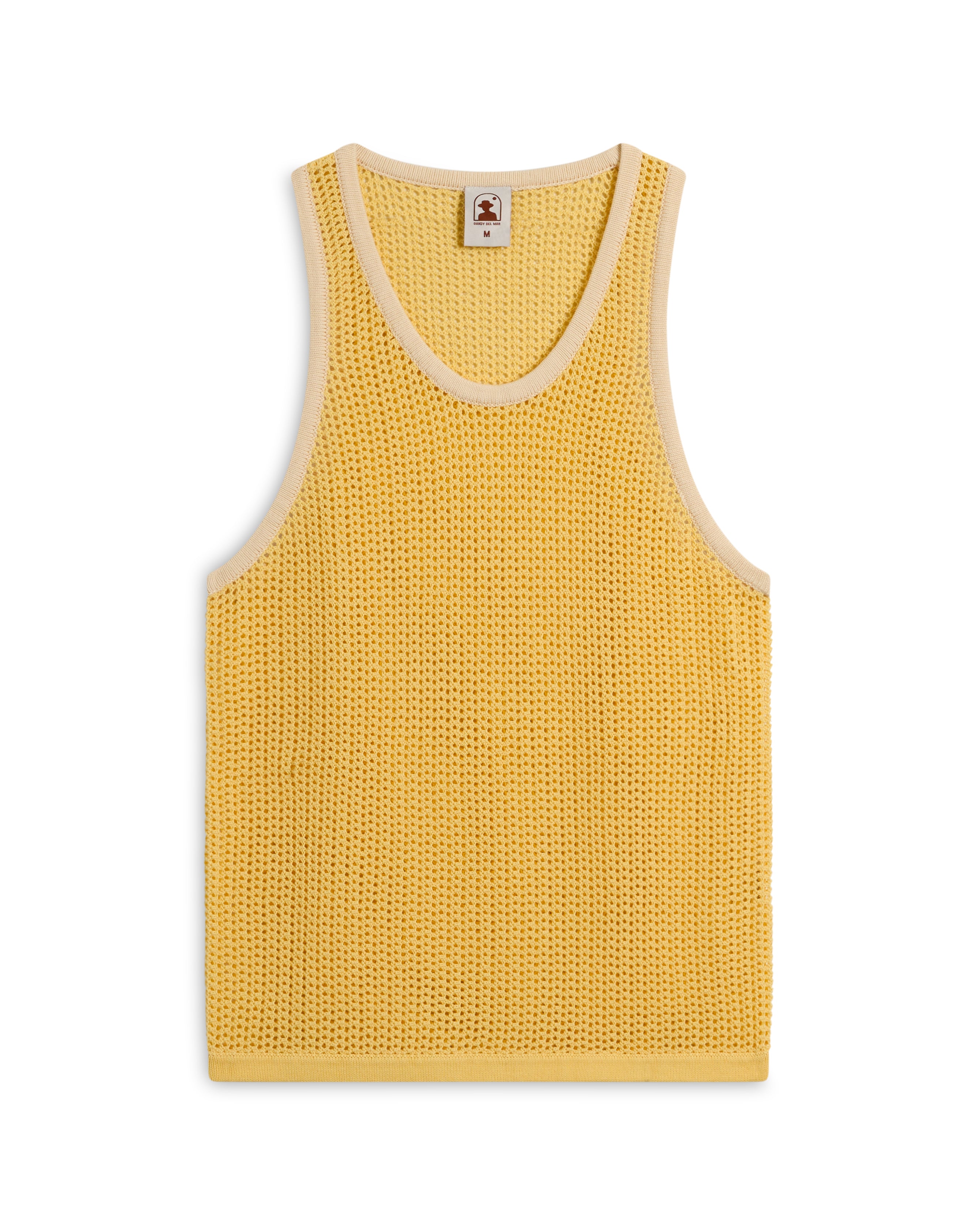 The Dominica Crochet Tank in Plantain by Dandy Del Mar features a yellow mesh design with a small logo tag on the front neckline, offering lightweight comfort and a relaxed fit for casual outings.