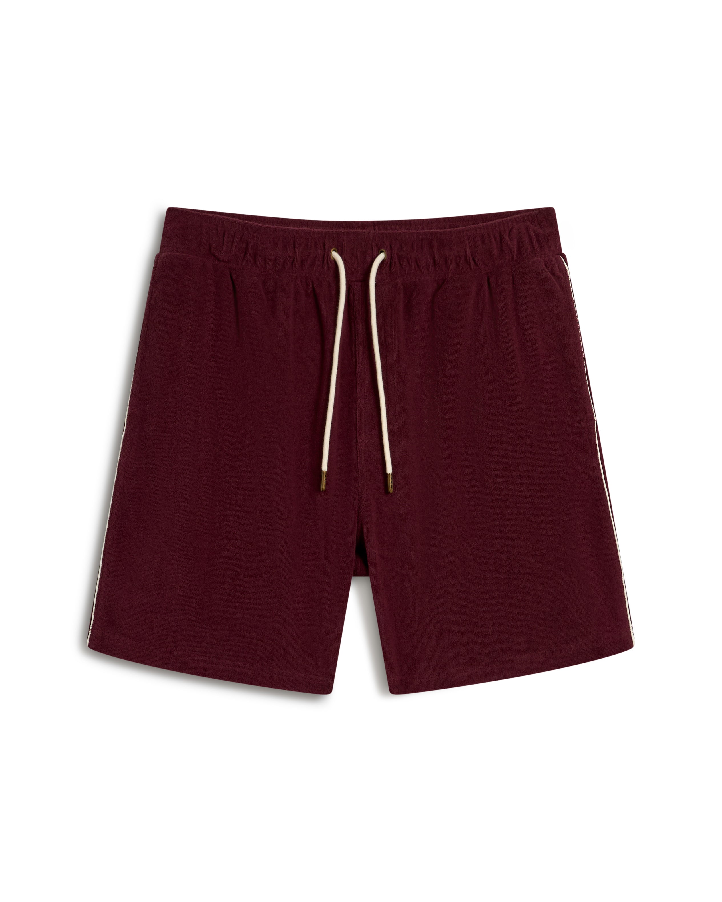 The Gaucho Short - Bordeaux by Dandy Del Mar is crafted from terry cloth with white side stripes, displayed flat on a white background.