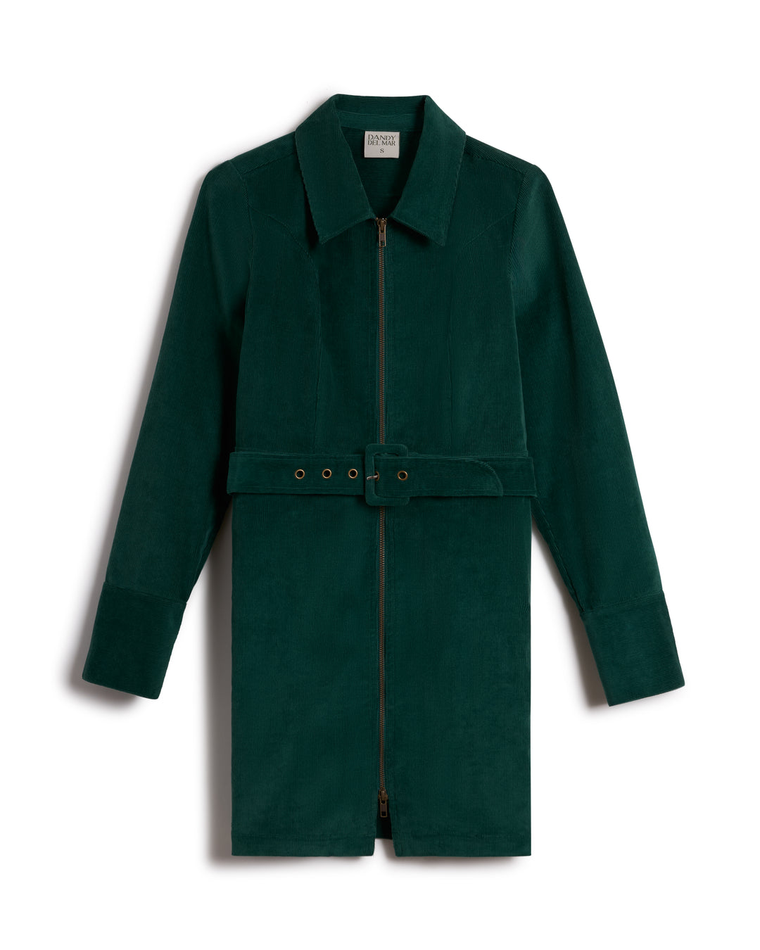 The Kitts Corduroy Dress - Albero by Dandy Del Mar is a dark green suede coat with a front zipper, tailored style, belted waist, long sleeves, and a collar.