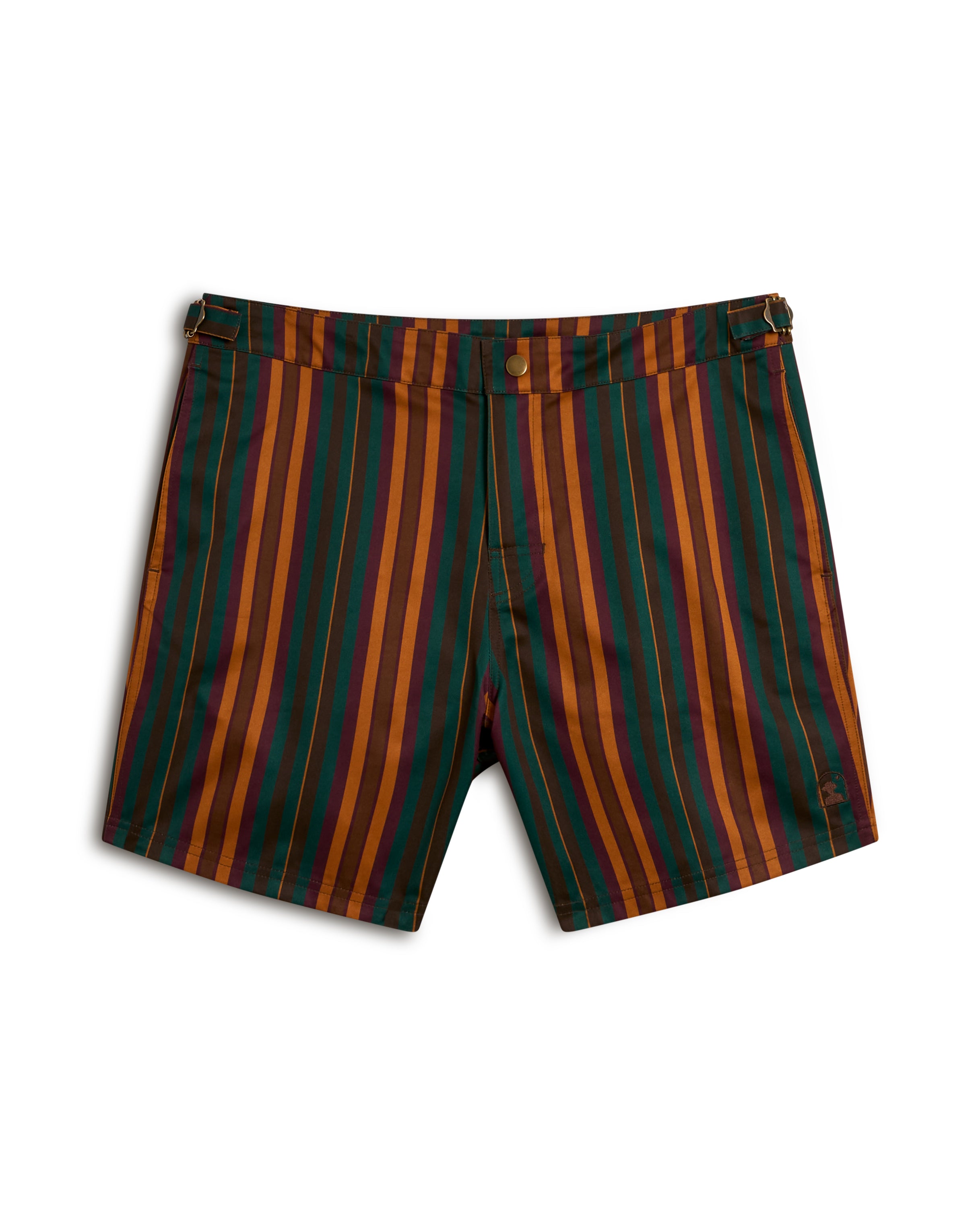 The Mallorca Swim-Walk Short in Burnt Sienna by Dandy Del Mar features brown, orange, and green stripes with a button closure and side pockets, displayed flat on a white background.