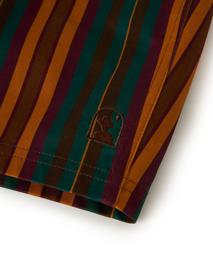 A close-up of The Mallorca Swim-Walk Short in Burnt Sienna from Dandy Del Mar shows vertical stripes in orange, brown, green, and burgundy, with a small embroidered silhouette logo near the bottom edge.