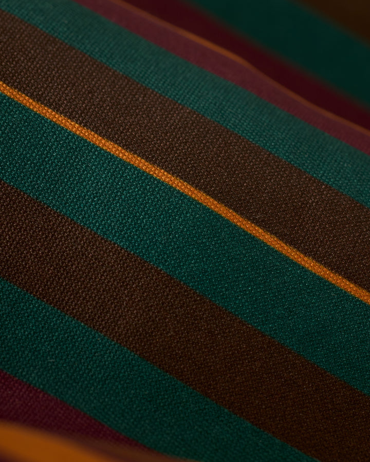 Close-up of The Mallorca Swim-Walk Short by Dandy Del Mar featuring vertical stripes in green, brown, and burnt sienna.