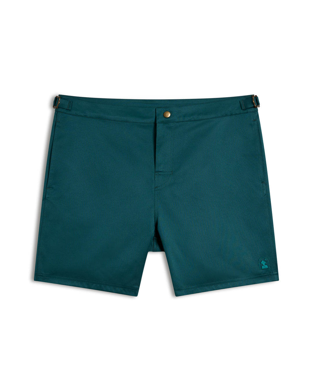 The Mallorca Swim-Walk Short by Dandy Del Mar in Tempest Blue includes adjustable brass side fasteners, nylon construction, button closure, and a small embroidered logo near the hem on the right leg.