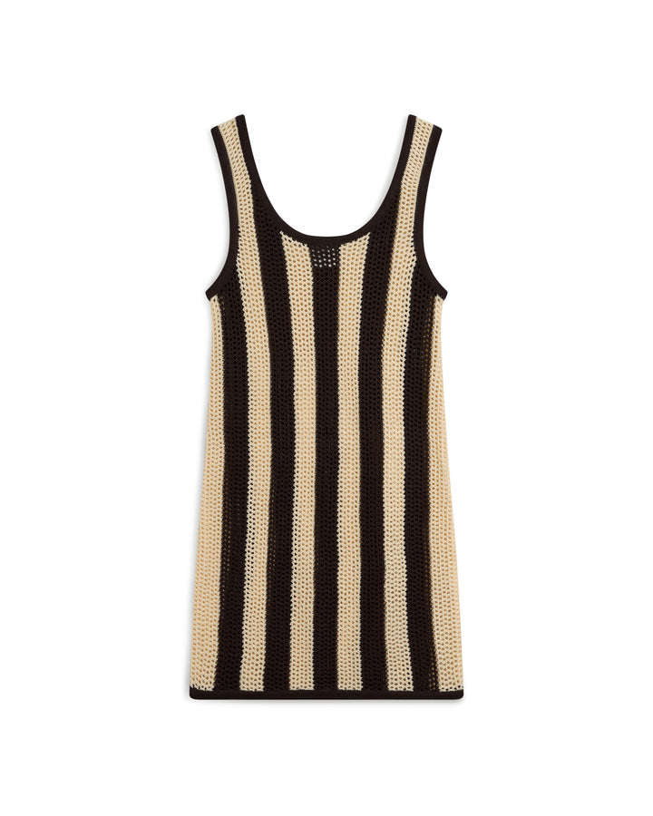 The Malta Crochet Dress by Dandy Del Mar features a sleeveless design with vertical black and beige stripes on a white background.