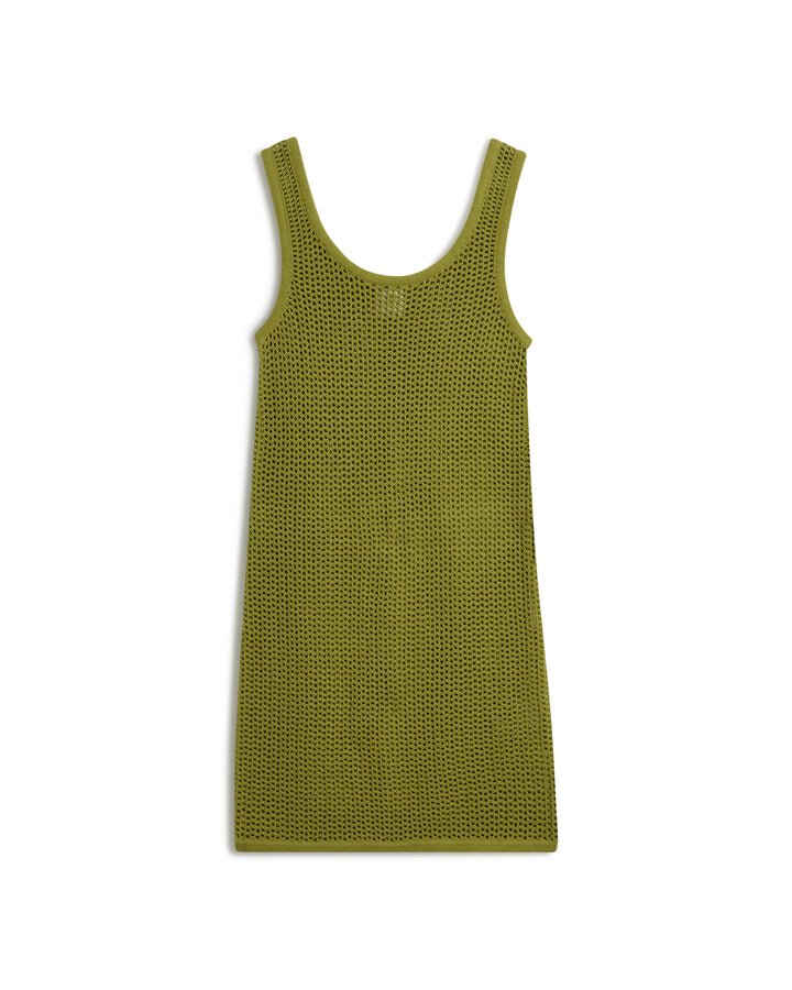 The Malta Crochet Dress - Verde by Dandy Del Mar is a green, sleeveless knitted mesh dress with a U-neckline featured on a white background.