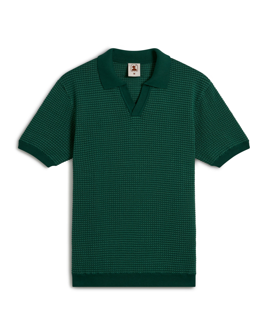 The Palamos Knit Polo Shirt - Albero by Dandy Del Mar is a green textured short-sleeve polo featuring a spread collar and a neck label.