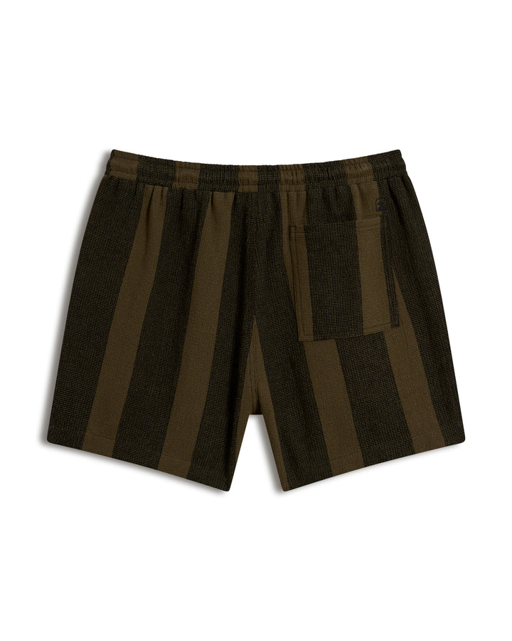 The Palma Short - Onyx by Dandy Del Mar: olive green with stripes, featuring an elastic waistband and a single back pocket.