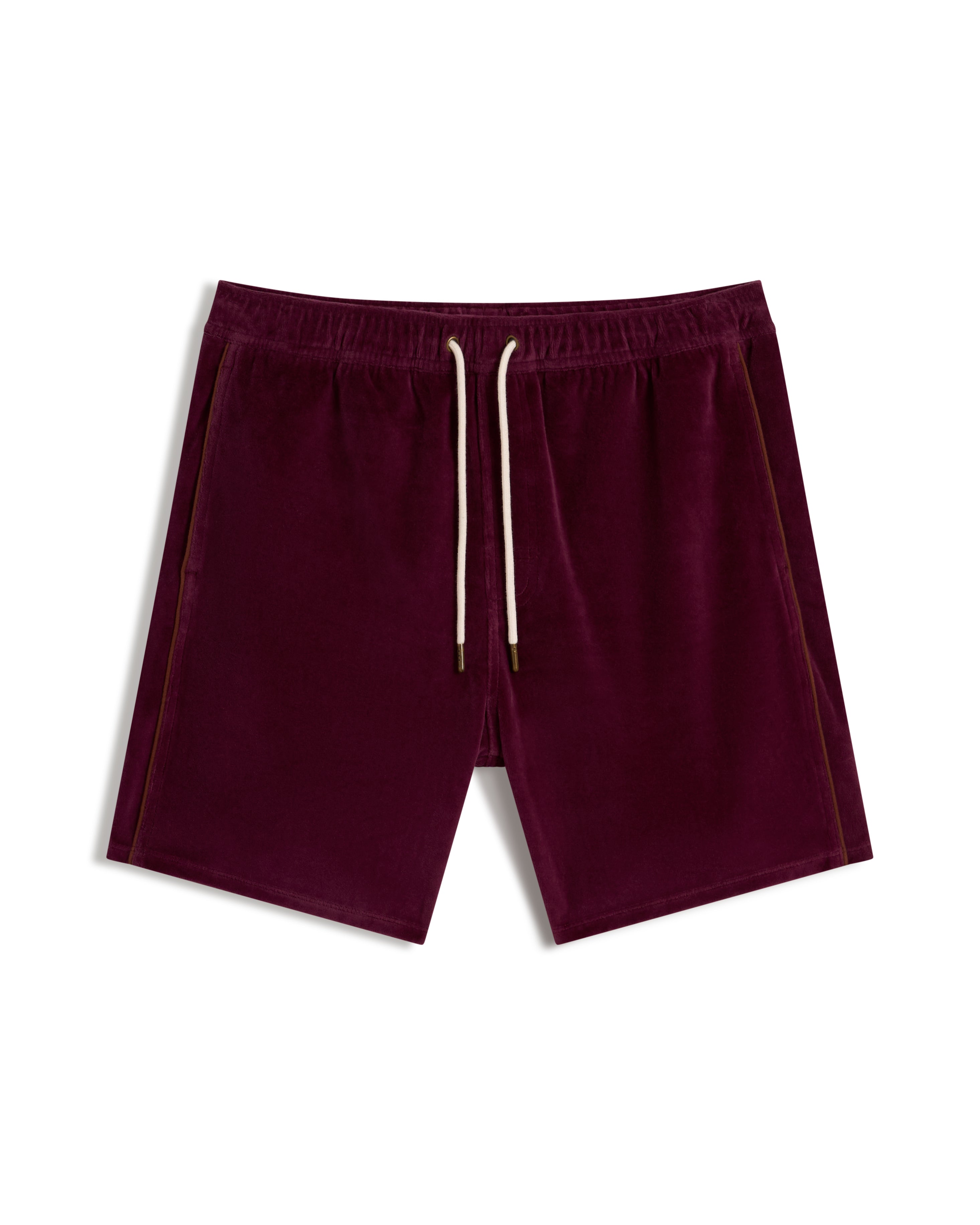 The Rio Velour Short - Bordeaux by Dandy Del Mar, featuring an elastic waistband and white drawstrings, displayed on a white background.