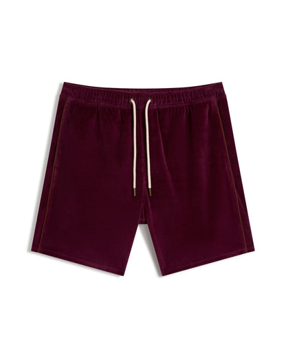 The Rio Velour Short - Bordeaux by Dandy Del Mar, featuring an elastic waistband and white drawstrings, displayed on a white background.