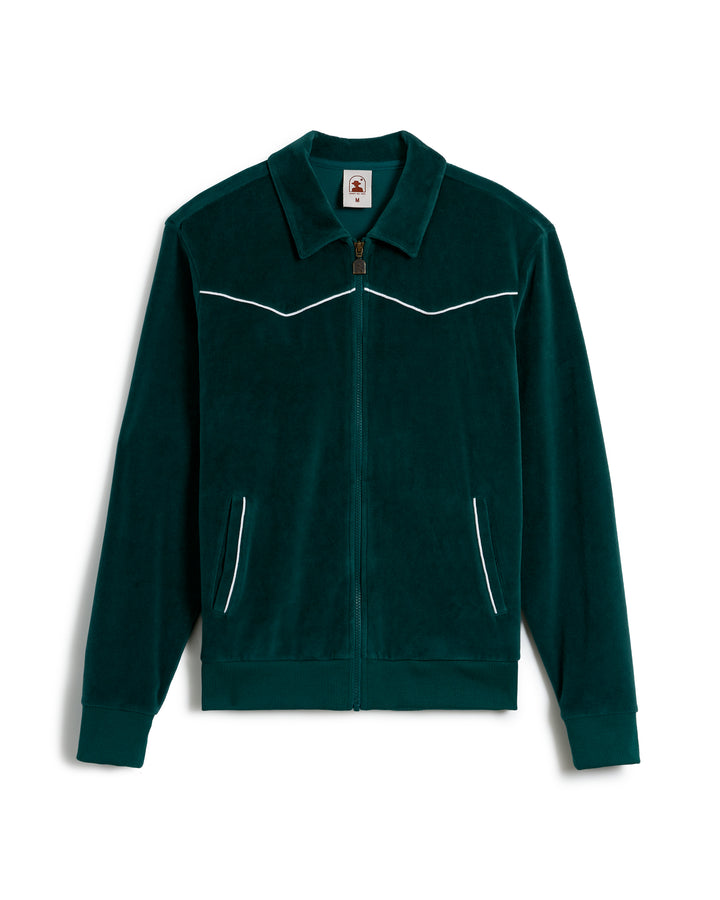 The Rio Velour Jacket - Albero by Dandy Del Mar is a dark green zip-up jacket with white piping accents and two front pockets, reminiscent of a classic track jacket. It features a collar and long sleeves, perfect for a sporty yet stylish look.