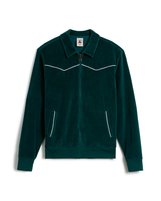 The Rio Velour Jacket - Albero by Dandy Del Mar is a dark green zip-up jacket with white piping accents and two front pockets, reminiscent of a classic track jacket. It features a collar and long sleeves, perfect for a sporty yet stylish look.