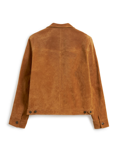 Back view of Dandy Del Mar's San Juan Suede Leather Jacket in Sable, a straight-fit brown suede jacket with long sleeves, buttoned cuffs, jacquard lining, and adjustable button tabs at the waist.