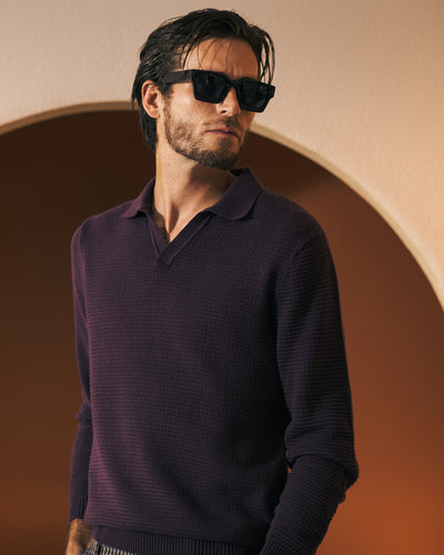 A man with short dark hair and a beard wears black sunglasses and the Dandy Del Mar Sebastian LS Polo Shirt in Amethyst, standing indoors before an arched background.