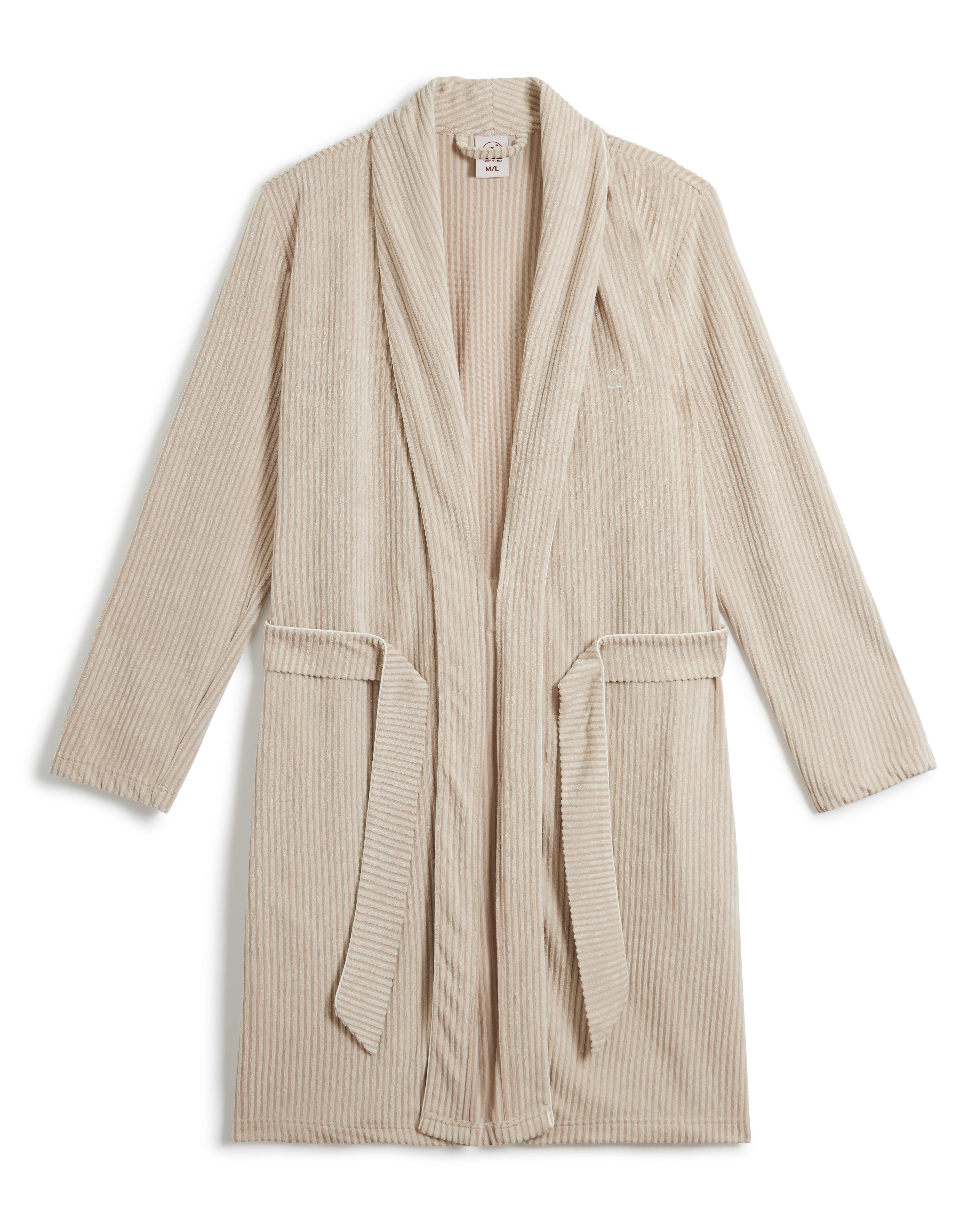 The Tropez Jacquard Robe - Scallop Stripe by Dandy Del Mar is a beige, long-sleeve robe with a shawl collar and waist tie in jacquard striped terry cloth, featuring an above-the-knee fit, displayed on a white background.