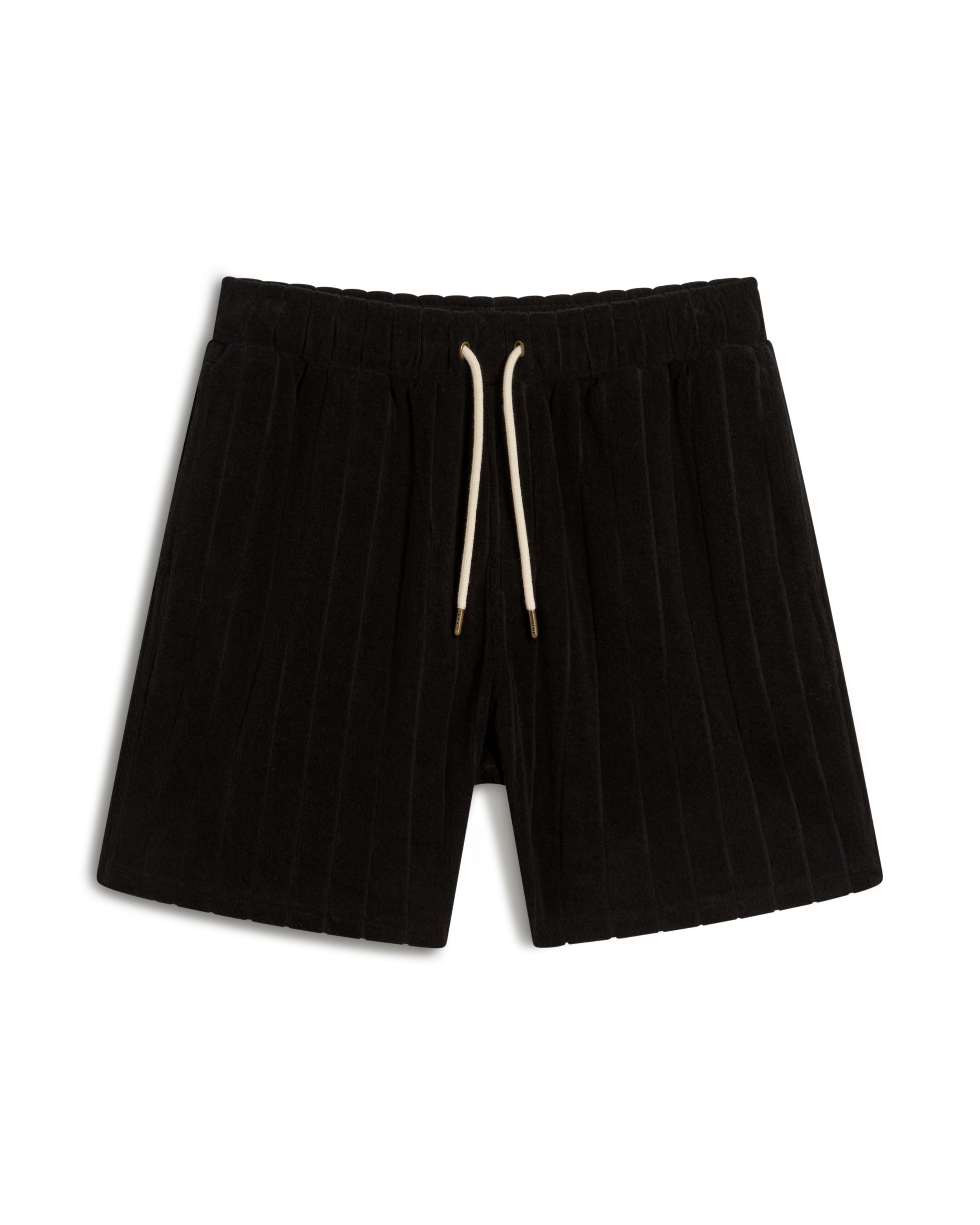 The Tropez Jacquard Short - Onyx by Dandy Del Mar boasts a black pleated design with an elastic waistband, white drawstring, and jacquard striped terry cloth for added style.