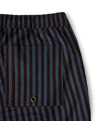 Close-up of The Ventura Volley Shorts - Moontide by Dandy Del Mar, showing the elastic waistband, pocket with metal grommet, and vertical brown and blue stripes.