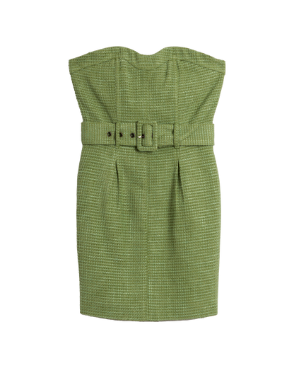 The Trinidad Tweed Strapless Dress - Oliva by Dandy Del Mar: a green strapless mini dress with a wide waist belt and front pleats, shown on a plain background.