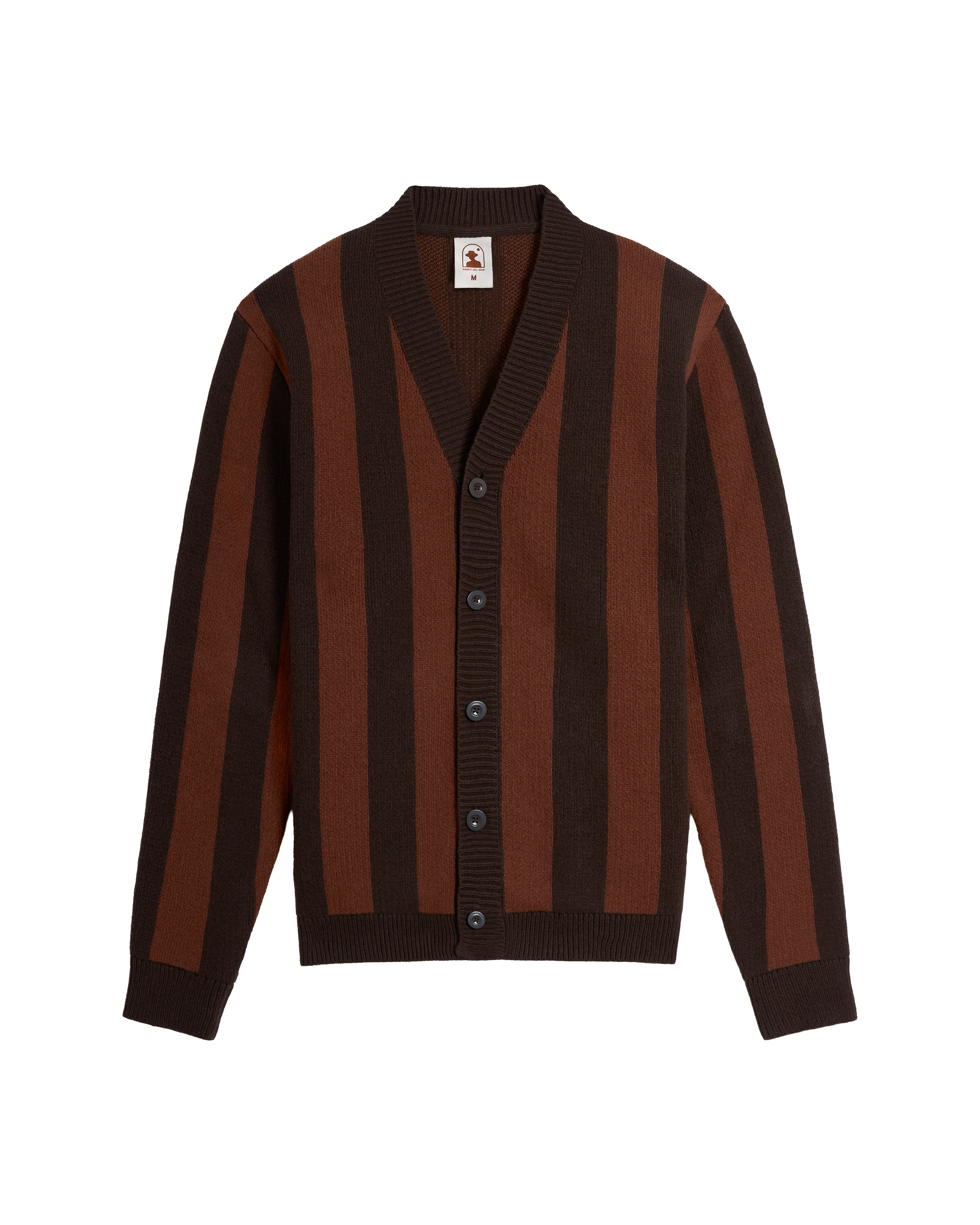 The Florence Knit Cardigan - Garam by Dandy Del Mar, featuring brown and dark brown stripes, a V-neck, jacquard knit, button-up front, and ribbed cuffs and hem, is laid flat on a white background.