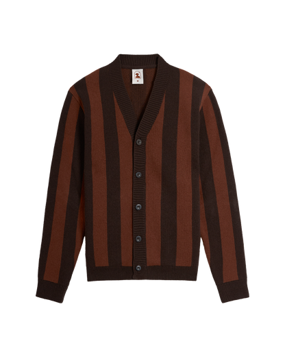 The Florence Knit Cardigan - Garam by Dandy Del Mar, featuring brown and dark brown stripes, a V-neck, jacquard knit, button-up front, and ribbed cuffs and hem, is laid flat on a white background.