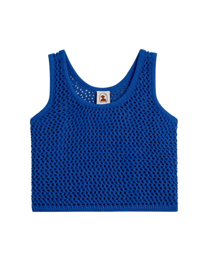 The Malaga Crochet Tank - Solana by Dandy Del Mar is a blue cropped tank with a round neckline, displayed flat on a plain background—perfect for effortless style.