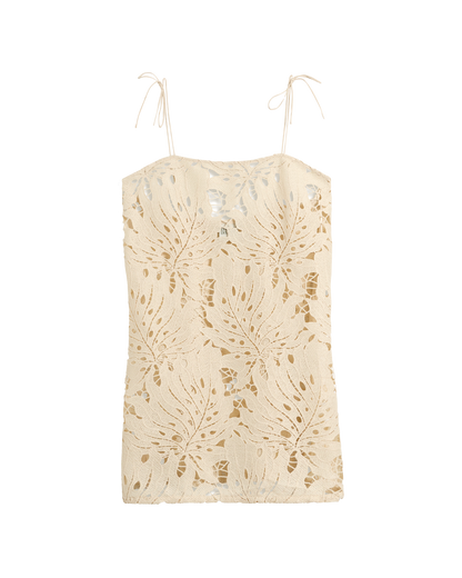 The Mara Tie Strap Dress - Scallop by Dandy Del Mar features a cream hue, delicate leaf pattern, and thin tie-up shoulder straps.