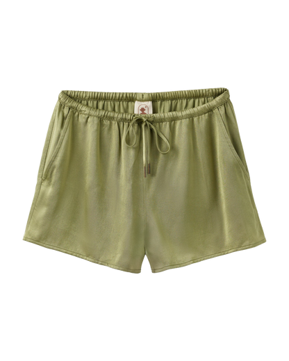 The Portofino Viscose Shorts - Berdea by Dandy Del Mar are olive green satin lounge shorts with an elastic waist, drawstring tie, and side pockets, shown on a white background.