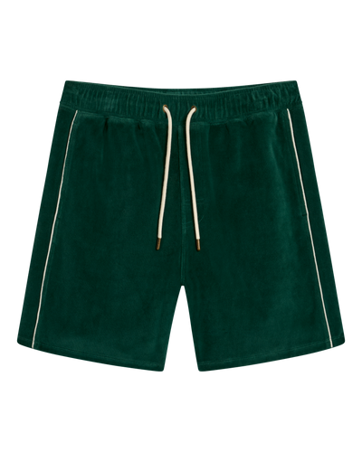 The Rio Velour Shorts - Albero by Dandy Del Mar, featuring an elastic waistband, beige drawstrings, and white side piping, laid flat on a white background.