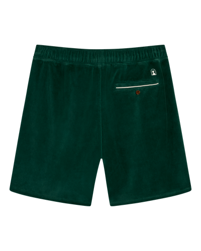 The Rio Velour Shorts - Albero by Dandy Del Mar feature an elastic waistband, zippered back pocket with button, and patch logo—stylish velour shorts designed for comfort and sport.