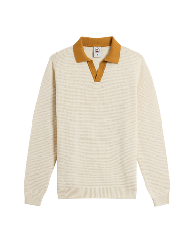 The Sebastian LS Polo Shirt in Vintage Ivory by Dandy Del Mar features a cream-hued sweater knit, ribbed cuffs and hem, a deep V-neck, and a contrasting tan collar—an essential long-sleeve knit for your wardrobe.