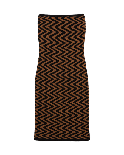 The Cabaret Tube Dress - Onyx by Dandy Del Mar features a black and brown zigzag pattern, strapless sweater knit design, form-fitting tube fit, and midi length, shown on a plain background.